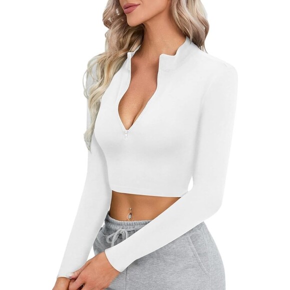 CLOZOZ Long Sleeve Crop Tops for Women Mock Turtleneck Zip Up Sexy Fitted Croppe - Picture 2 of 4